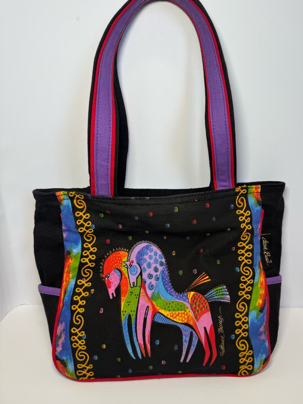 retired Laurel Burch "Rainbow Horses" Medium Casual Canvas Shoulder Tote Bag